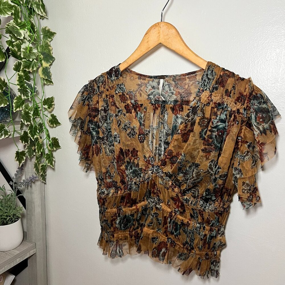 Free People Sheer Floral Ruffle Mesh Crop Top Mustard Multi Size M